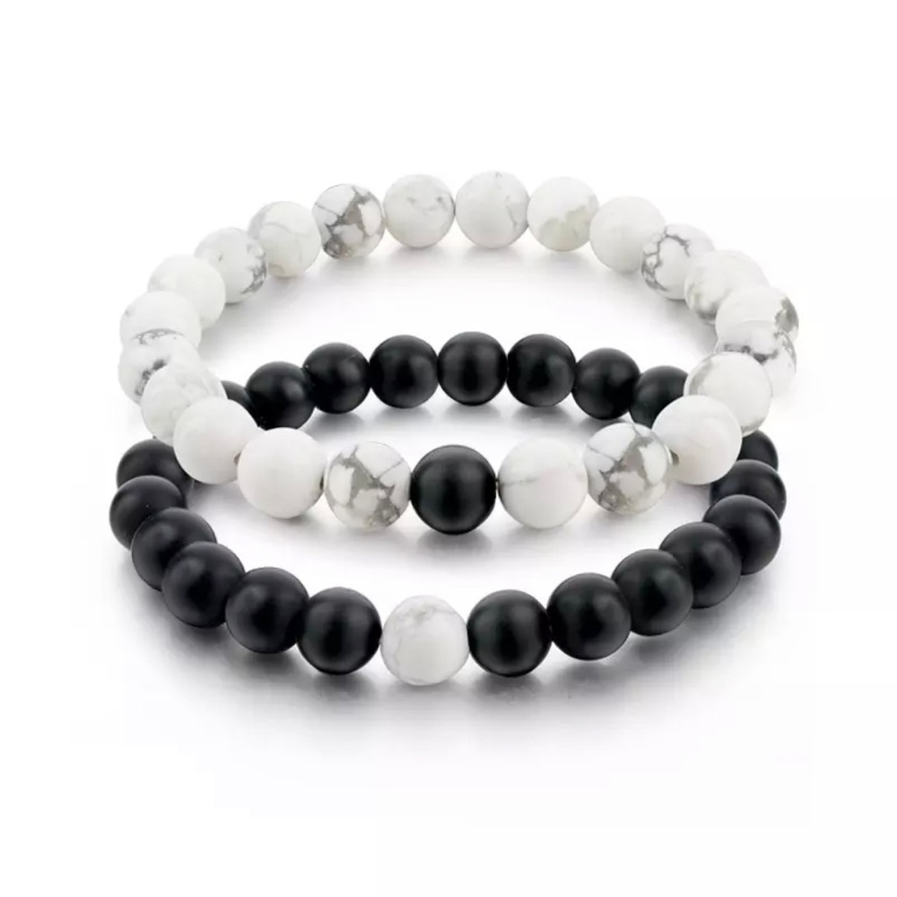 Two Bracelet set Black Onyx and White Howlite Beaded Bracelets